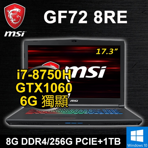 微星 GF72 8RE-082P 17.3"(i7-8750H/8G/256G PCIE+1TB/GTX1060 6G/WIN10/二年保固)