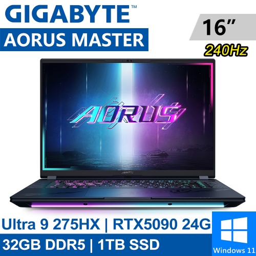 AORUS MASTER 16 BZHC6TWE64SH 16吋 黑(Intel Ultra 9 275HX/32G DDR5/1TB PCIE/RTX5090 24G/W11) ●預購排單出貨●