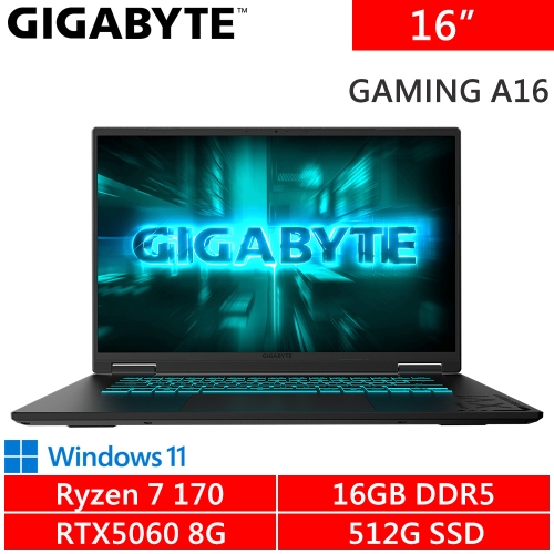 技嘉 GAMING A16 5VHP3TW893SH 16吋 黑(AMD Ryzen 7 170/16G DDR5/512G PCIE/RTX5060 8G/W11)